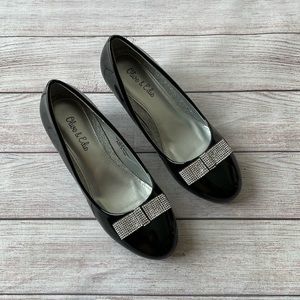 Olive & Edie Black Patent Rhinestone Bow Heels